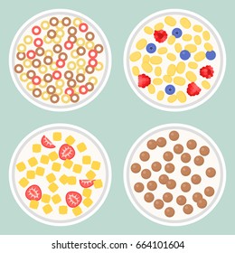 Cereal in various type, chocolate ball, flakes with berries, donut like shape, with bowl of milk, flat design vector