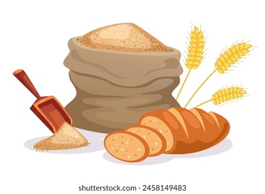 Bolsa de pan de trigo de cereal. Ilustración de concepto de elemento de Diseño gráfico plano de Vector