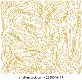 Cereal wheat straw pattern background. Ears of wheat, rye or barley. Vector editable outline stroke. Wrapping paper for bread.