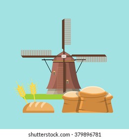 Cereal whole grain agriculture bakery concept. From spica to bread loaf. Flat style web site vector illustration objects collection.