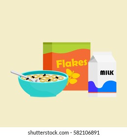 Cereals in the bowl with spoon, box of corn flakes, pack of milk flat illustration