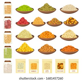 Cereals in bowls, rice, corn, barley, oats icons