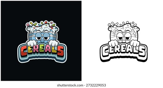 Logotipo de desenho animado de cereais com texto e uma alta expressão. Cor completa e design preto e branco. Design para adesivo, rótulo, tampa, embalagem, camiseta, negócios e produto. Vetores e Ilustrações