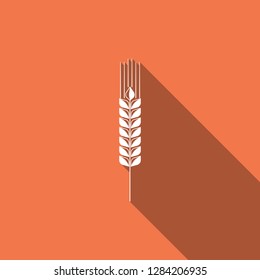Cereals icon set with rice, wheat, corn, oats, rye, barley sign isolated with long shadow. Ears of wheat bread symbols. Agriculture wheat symbol. Flat design. Vector Illustration