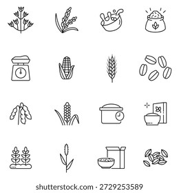 Ícone de cereais. Conjunto de vetores de ícones de trigo e cereais. Ícone para trigo, máquina de peso, aveia, alimentos, preparações de cereais de milho, espigas de arroz e muito mais. Ilustração vetorial	
