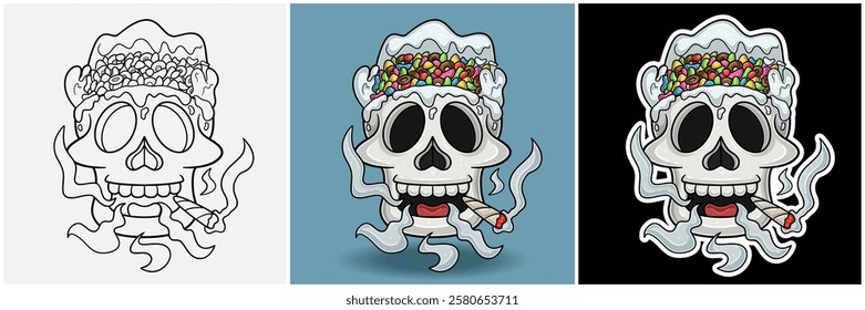 Cereals Inside Skull Head With Smoking Character Cartoon. Black White, Colorful and Sticker Style. For T shirt print, Brand Logo, Label and Mascot product. Vectors Illustrations