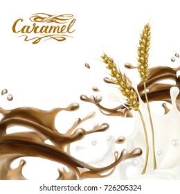cereals and milk, wheat ears splashing milk splash vector