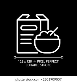 Cereals pixel perfect white linear icon for dark theme. Breakfast food. Morning meal. Corn flakes. Grain product. Healthy snack. Thin line illustration. Isolated symbol for night mode. Editable stroke
