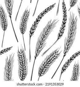 Cereals seamless pattern. Hand-drawn botanical element in sketched style. Thanksgiving background with wheat illustrations. Cereal plants vector backdrop for wrapping paper and textile 