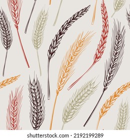 Cereals seamless pattern. Hand-drawn botanical element in sketched style. Thanksgiving background with wheat illustrations. Cereal plants vector backdrop for banners, wrapping paper and textile 