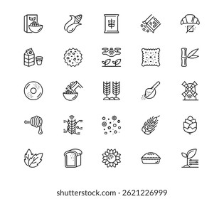 Cereals Set, Editable Stroke. Contains such icons as Cereal Plant, Breakfast Cereal, Box - Container, Bowl, Agriculture, Healthy Food, Vector, Wheat