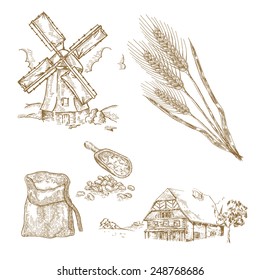 Getreidesatz. handgezeichnete Illustration, Windmühle, Weizen, Bauernhaus im Vintage-Stil