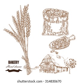 Cereals set. Hand drawn sketch illustration wheat, rye, farm house in vintage style. Isolated