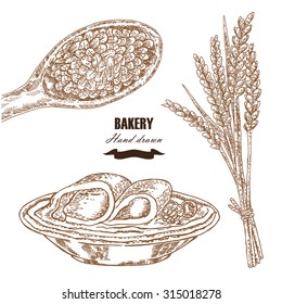 Cereals set. Hand drawn sketch illustration wheat, barley, breakfast in vintage style