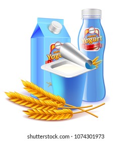 Cereals yogurt packagings box bottle and cup 3d photo realistic vector