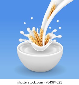 Cereals and yogurt, wheat ears splashing milk realistic vector