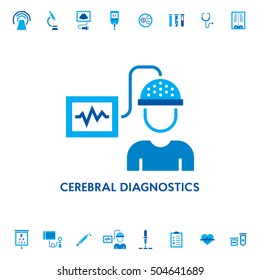 Cerebral Brain Diagnostic Vector Icon Logo. EEG Medical Research Sign Illustration For Laboratory, Hospital. Clinical Doctor Equipment On White Background. Electroencephalogram Check-up