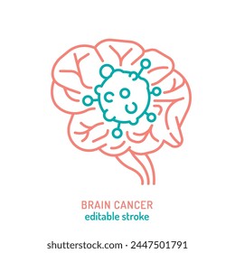 Cerebral carcinoma, adenocarcinoma outline icon. Malignant brain growth sign. Medical, healthcare linear pictogram. Cerebral tumor awareness. Editable vector illustration isolated on white background