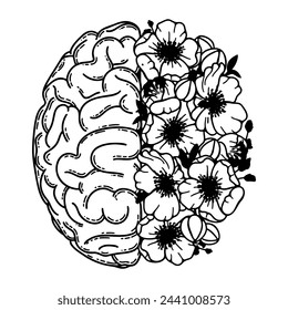 Cerebral hemispheres, human realistic brain with flowers. Brain, mental health, logic and emotion priority concept 