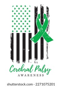 Cerebral Palsy Awareness, Green Ribbon, American Distressed Flag vector