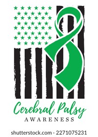 Cerebral Palsy Awareness, Green Ribbon, American Distressed Flag vector