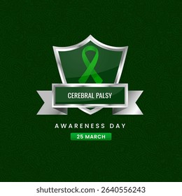 Cerebral Palsy awareness month background. Shield design with Green silk ribbon.