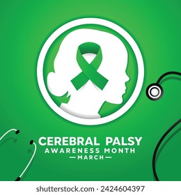 Cerebral palsy awareness month. Girls, ribbon and stestoscope. cards, banners, posters, social media and more. Green background.