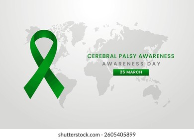 Cerebral Palsy awareness with month, light Grey background design with Green silk ribbon