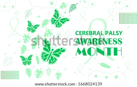 Cerebral Palsy Awareness Month in March. Green leaves are falling, butterflies are flying.  