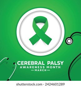 Cerebral palsy awareness month. ribbon and stestoscope. cards, banners, posters, social media and more. Green background.
