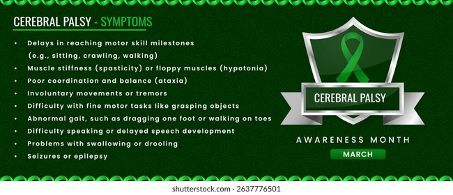 Cerebral Palsy Awareness ribbon with Symptoms, Shield Design with Pattern Based Background.