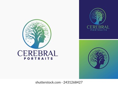 Cerebral Portrait Logo design template seamlessly merges the human face with the intricate beauty of a tree, symbolizing a profound connection between humanity and nature.