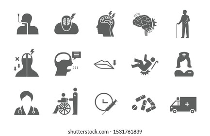cerebrovascular disease, stroke patient care, sign symptom icon set