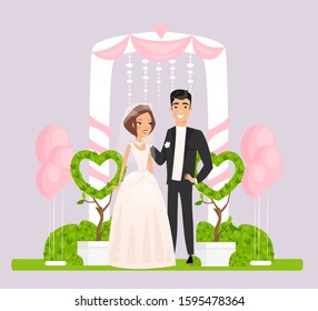 Ceremonial arch with wedding couple flat vector illustration. Bride in white dress and groom standing near beautiful arch decorated with hearts and pink balloons. Newlyweds, husband and wife.