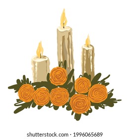 Ceremonial candles with marigold flowers symbol of the holiday of the day of the dead. In Mexican "Dia de los Muertos" vector illustration 