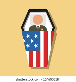 Ceremonial funeral of dead soldier and combatant from army of United states of America (USA). Death body as casualty from military conflict and war. Vector illustration.