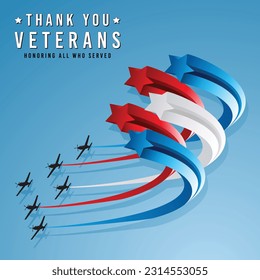 Ceremonial or honorific flight by a group of aircraft with colourful contrails, honouring all the veterans