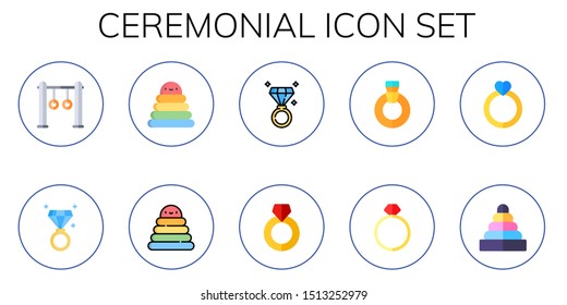 ceremonial icon set. 10 flat ceremonial icons.  Collection Of - rings, ring, diamond ring, engagement ring icons