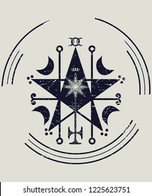 Ceremonial magic sigil with a satanic pentagram vector illustration. Ritual High Magic Circle Pentagram sigil or seal modern imitation. Demonology icon.