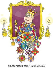 Ceremonial portrait of a funny angry king with many jeweled orders and medals hanging under an ornate gold frame by candlelight in a palace, vector cartoon illustration on a white background