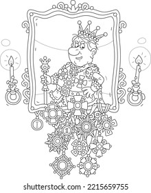 Ceremonial portrait of a funny angry king with many jeweled orders and medals hanging under an ornate gold frame by candlelight in a palace, black and white vector cartoon for a coloring book page