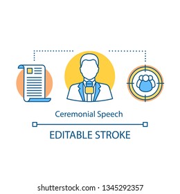 Ceremonial speech concept icon. Presenter, TV host. Public speaking idea thin line illustration. Presentation skills. Orator, speaker with microphone. Vector isolated outline drawing. Editable stroke