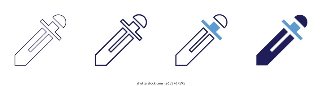 Zeremonielles Schwertsymbol in 4 verschiedenen Stilen. Dünne Linie, Linie, Fette Linie, Duotone. Duotone-Stil. Bearbeitbarer Strich.
