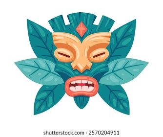 Ceremonial tiki totem mask. Wooden ethnic tiki mask, african or hawaiian idol flat vector illustration. Cartoon tribal ritual mask