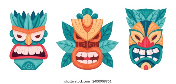 Ceremonial tiki totem masks. Cartoon wooden tiki masks, ethnic tribal ritual masks. African or hawaiian idols flat vector illustration set. Tiki totem mask collection