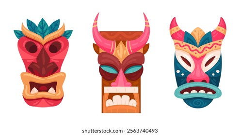 Ceremonial tiki totem masks. Tiki totem masks, wooden tiki african or hawaiian masks, ethnic ritual idols flat vector illustration set. Cartoon tribal ritual masks