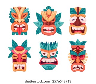 Ceremonial tribal masks. Cartoon african and hawaiian wooden masks, ethnic tiki totems flat vector illustration set. Ritual aztec or african idols