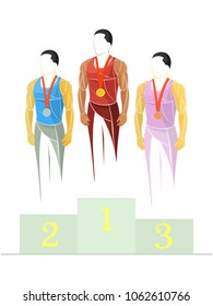 Ceremony of awarding medals. The three athletes on the pedestal. Stylized, geometric athlete, gymnast, rewarding ceremony. Vector illustration of a flat design