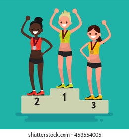 Ceremony of awarding medals. Three female athletes on the pedestal. Vector illustration of a flat design