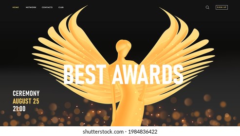 Ceremony event web banner with golden statuette of beautiful woman with wings, best awards landing page template on dark background